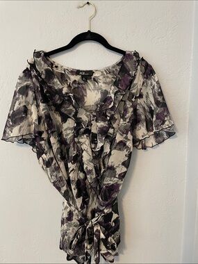 AGB Sheer Floral Ruffle Tie-Front Top in Gray, Black & Purple